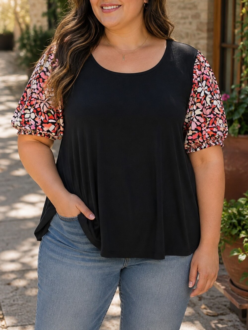 Kim & Cami Plus Size Black Pink Floral Puff Sleeve Blouse Cottagecore Boho